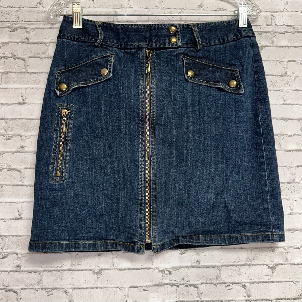 Cache Womens Size 2 Front Zip Jean Skirt Pockets Snaps Vintage Y2K Denim